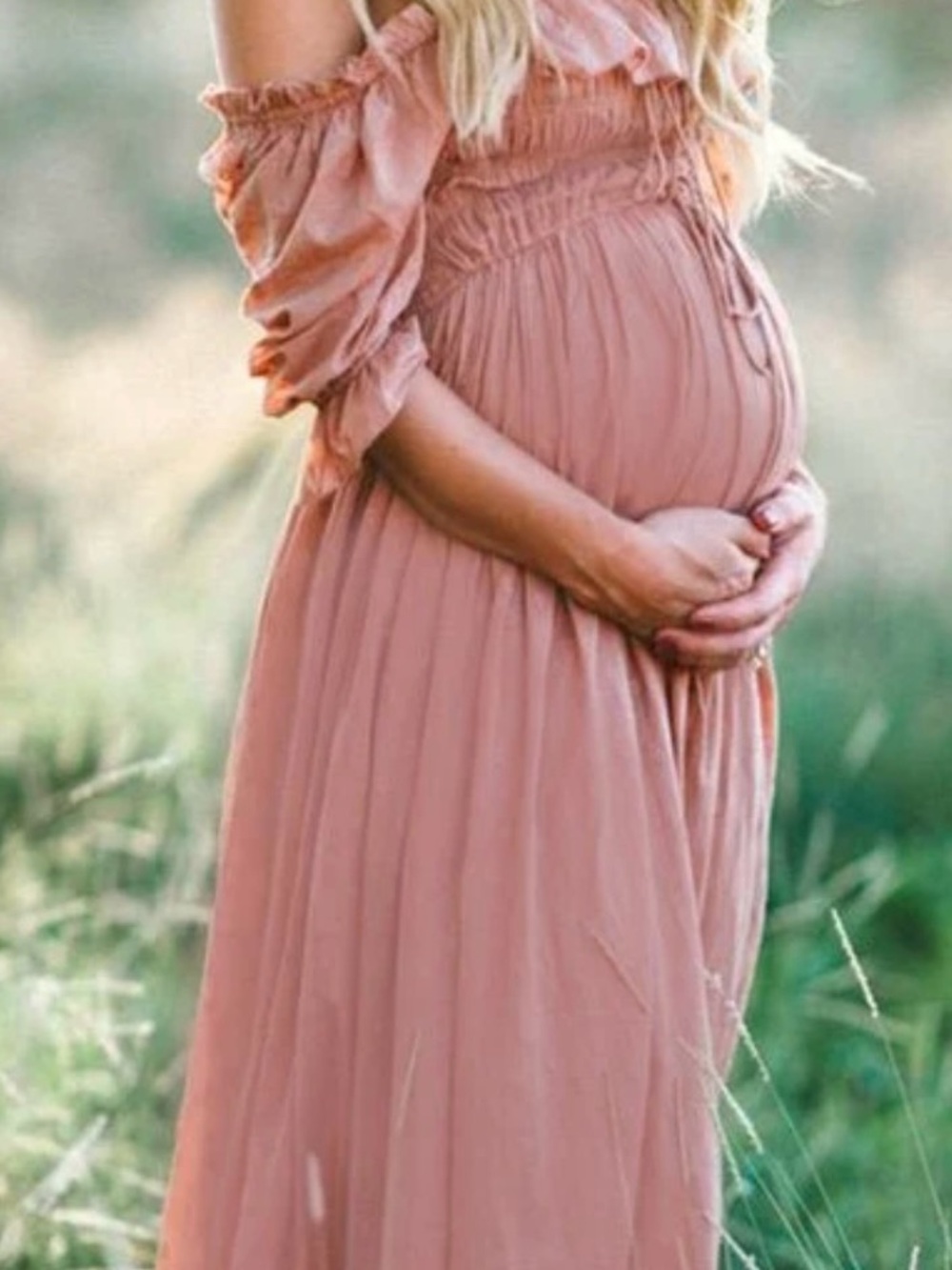 Maternity Off-Shoulder Maxi Dress in Dusty Blush